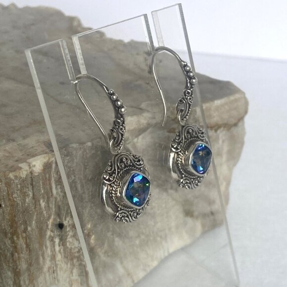 Sarda Sterling Silver 925 Mystic Quartz Bali Scrollwork Dangle Drop Earrings - Picture 5 of 16